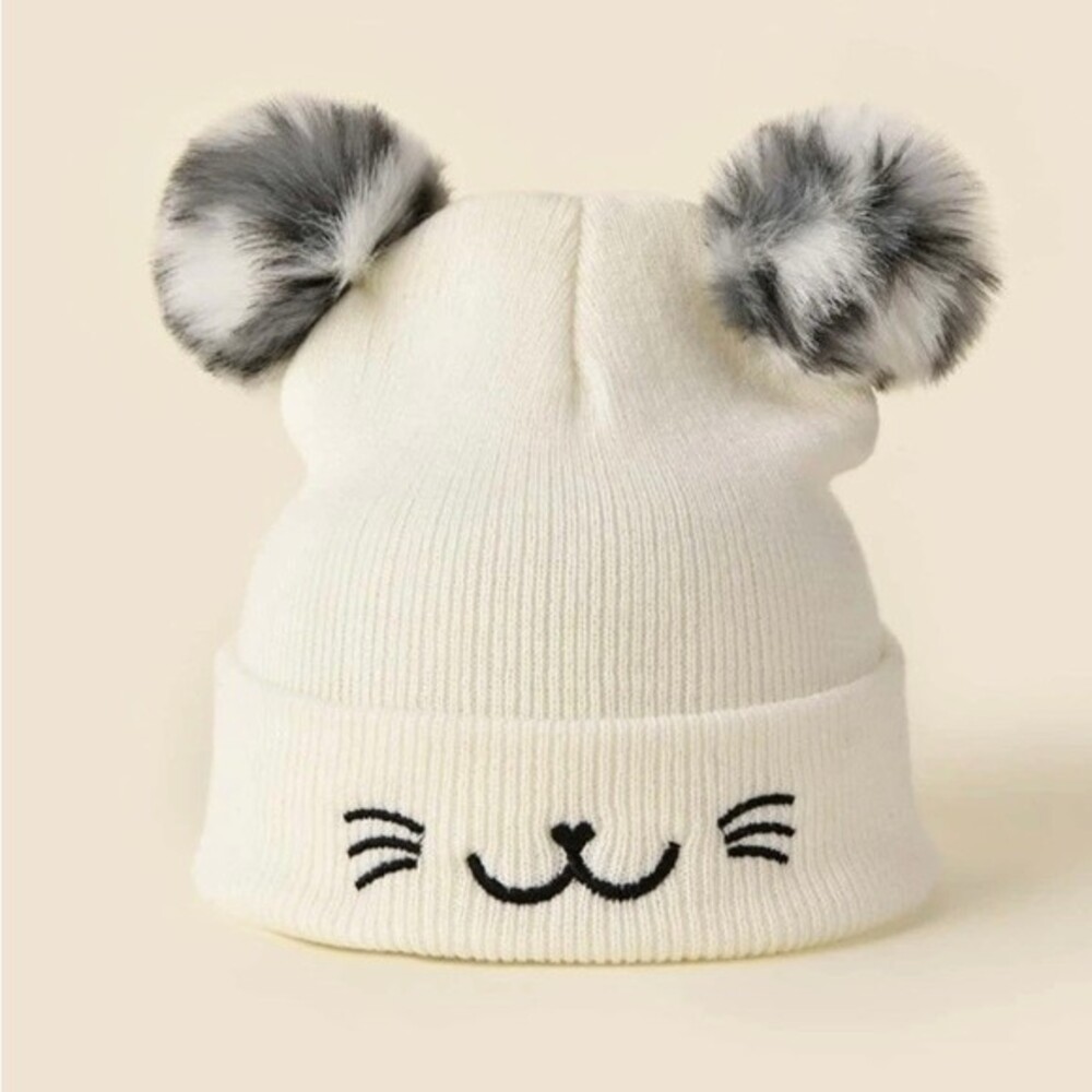 Kitty beanie white with pompoms cat hat warm hat